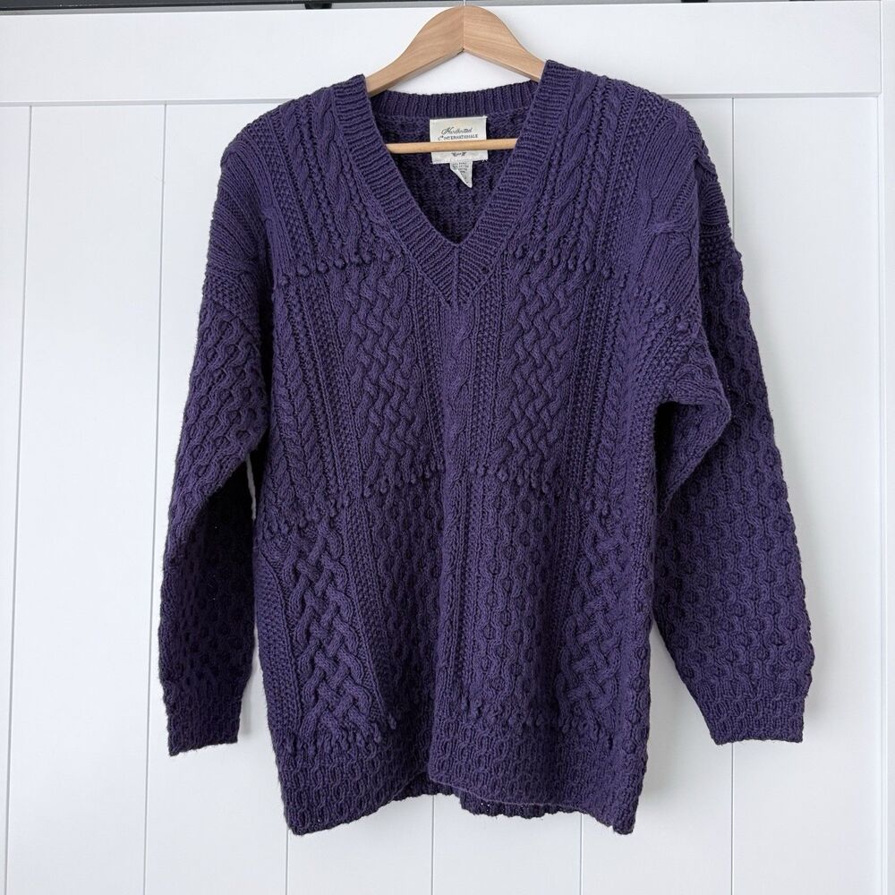VTG Express Hand Knit Purple Ramie Cotton Sweater Chunky Summer Beach V-Neck M